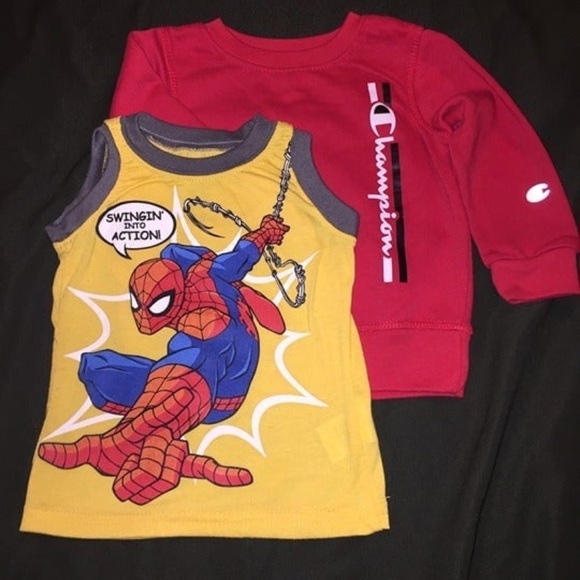 Bundle of Two Boy Shirts Size 2T Yellow Spiderman Shirt and Red Champion Sweater - Picture 2 of 12